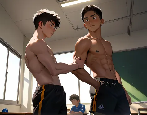 2boys , Parlero, dentro, (obra maestra, La mejor calidad, absurdos ), escuela,Classroom two shirtless boys are in school they have sports pants they look into each other's eyes with sorrow they are 15 years old they are in the sports room