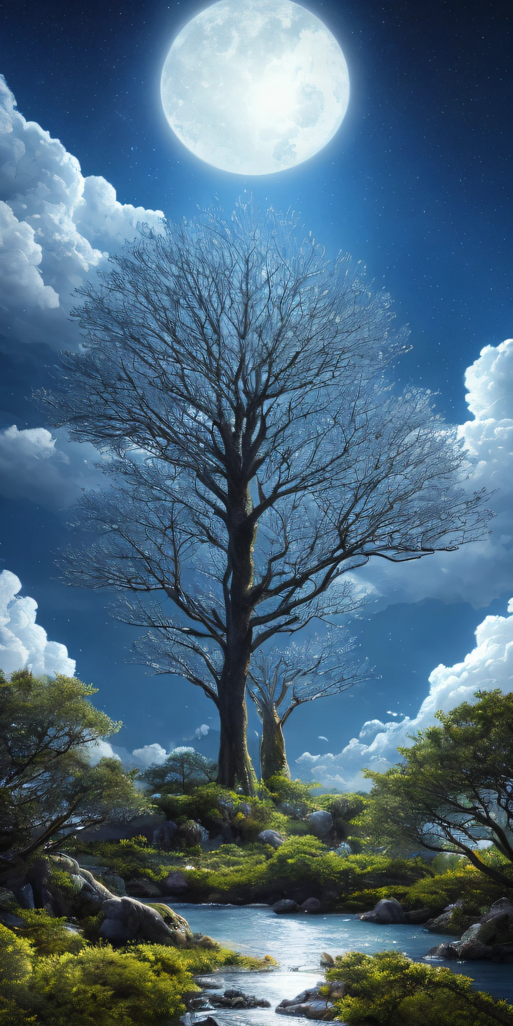 Illustration of a hyperrealistic , otherworldly, ultrasky scene featuring a giant crystal tree full body,very detailed and magical lighting, intricate forest details, vegetation and river around, solarpunk ,landscape, giant tree, beatifull leafy with beautiful lighting and realistic proportions, as if it were a cinematic background, 8k, highest quality, masterpiece, clouds and stars in the sky.