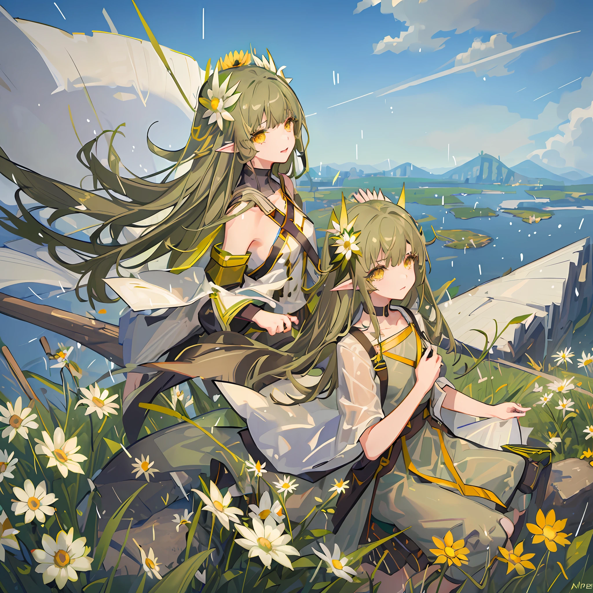 masterpiece, best quality, 
1girl, landscape, panorama, overlook,(distant view),blurry foreground,wind,
Mumu, long hair, brown hair AND green hair, pointy ears, yellow eyes, hair ornament, mole under eye, small breasts, collarbone, bangs, 
military uniform,
facing viewer, convenient arm,
Hanukkah, pillarboxed, rain, daisy, flower field, australia,