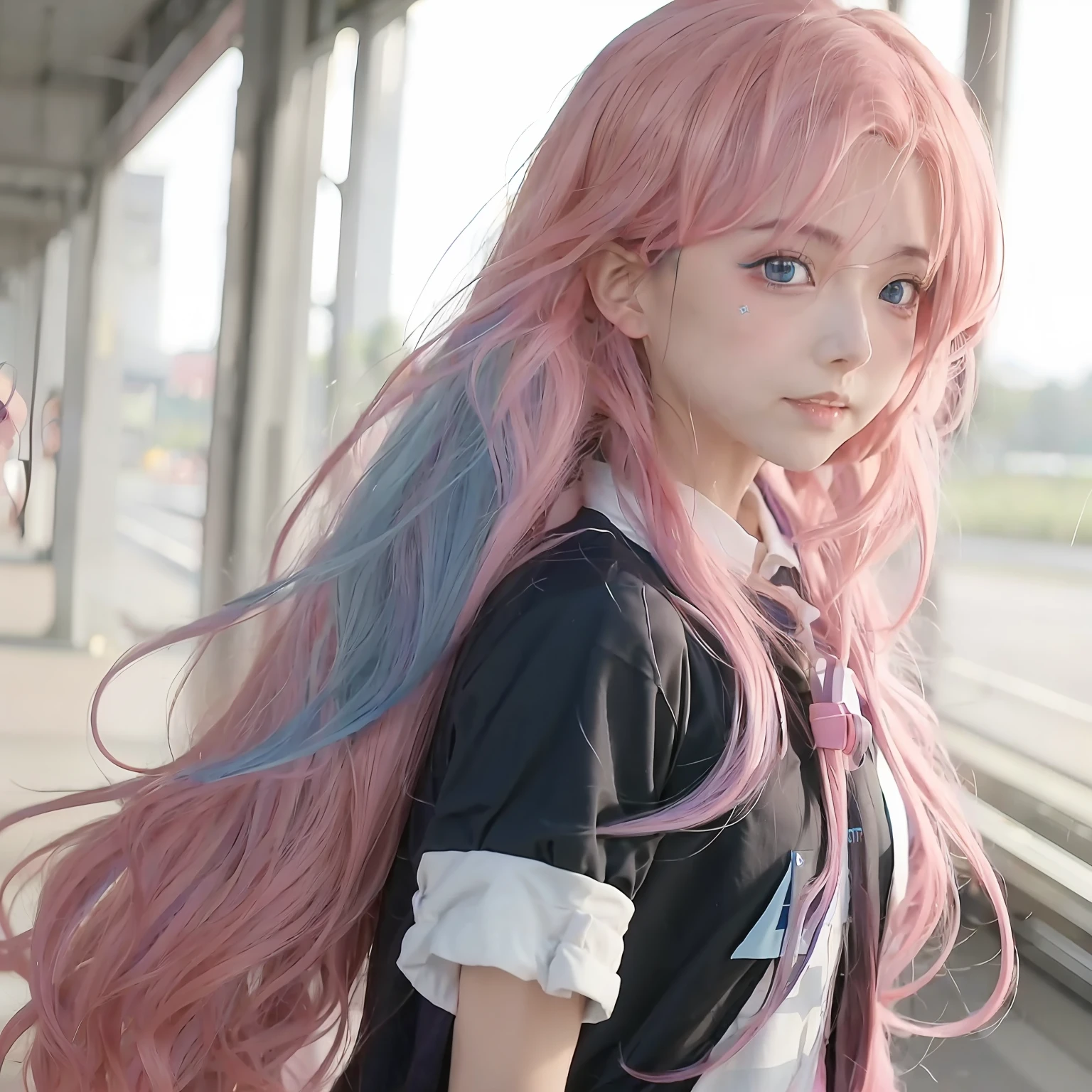 Arapei girl with long pink hair and blue eyes standing at the train station, Anime girl in real life, pink twintail hair and cyan eyes, Photorealistic anime, Realistic young anime girl, Anime girl with long hair, Beautiful Anime High School Girls, Anime girl cosplay, Anime. Soft lighting, Beautiful anime style, up of young anime girl, Beautiful anime girl