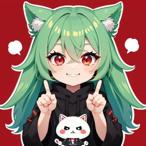 catss, 独奏, (Twitch Emote:1), Chibi, Green hair, red eyes, thumb up, a smile, The upper part of the body, comic strip, white back...