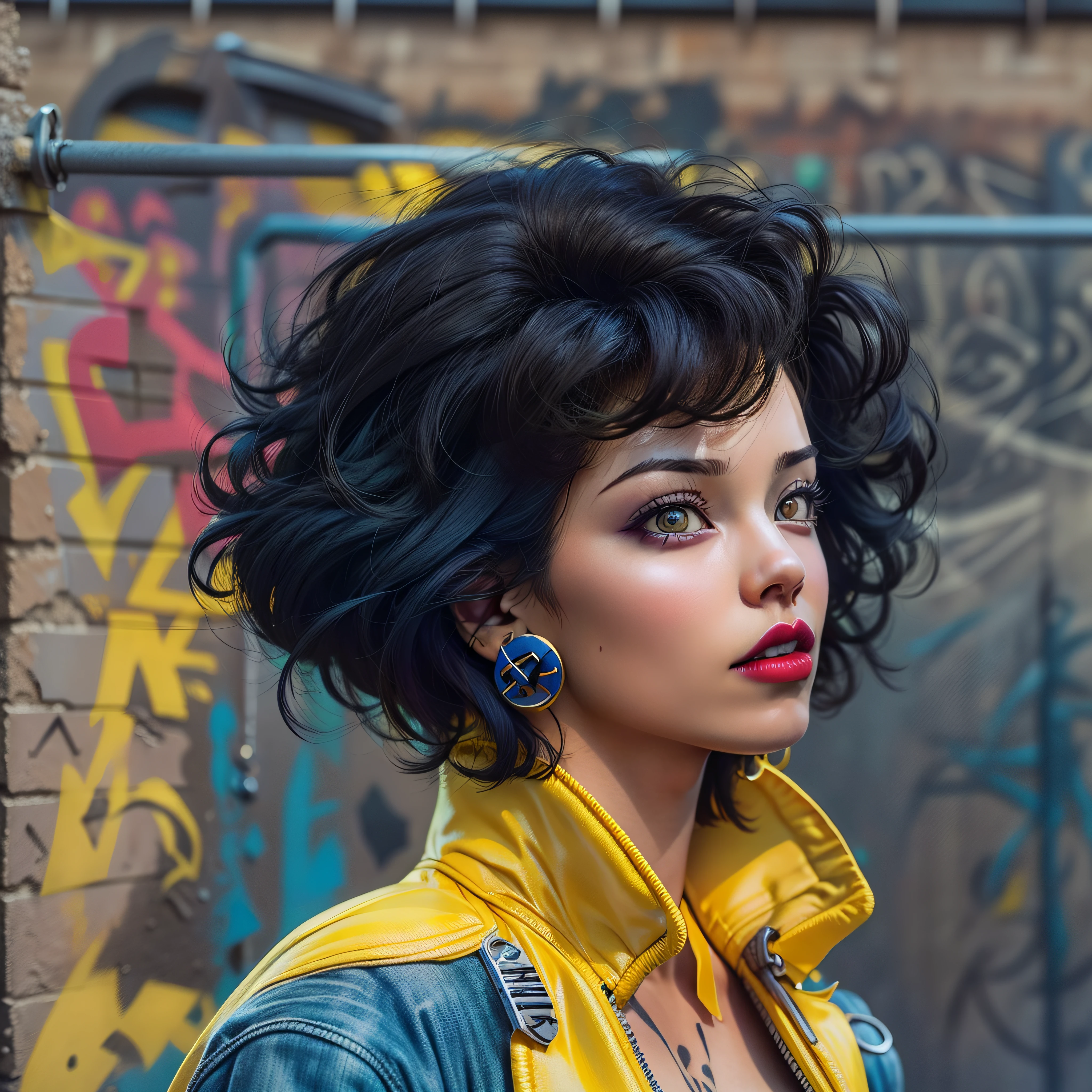 jubilee, (((short black hair))), brown eyes ,lips ,lipstick,dark skin,solo, standing,  hands on hips, upper body, close up,
jubJak, denim shorts , (((open yellow jacket))), purple shades on head, hoop earrings ,((blue gloves)), pink shirt, blue boots,
streets, chain fence, ((wall with x-men graffiti)), retro,
(insanely detailed, beautiful detailed face,  masterpiece, beautiful detailed  eyes, best quality) photo-realistic, octane render,