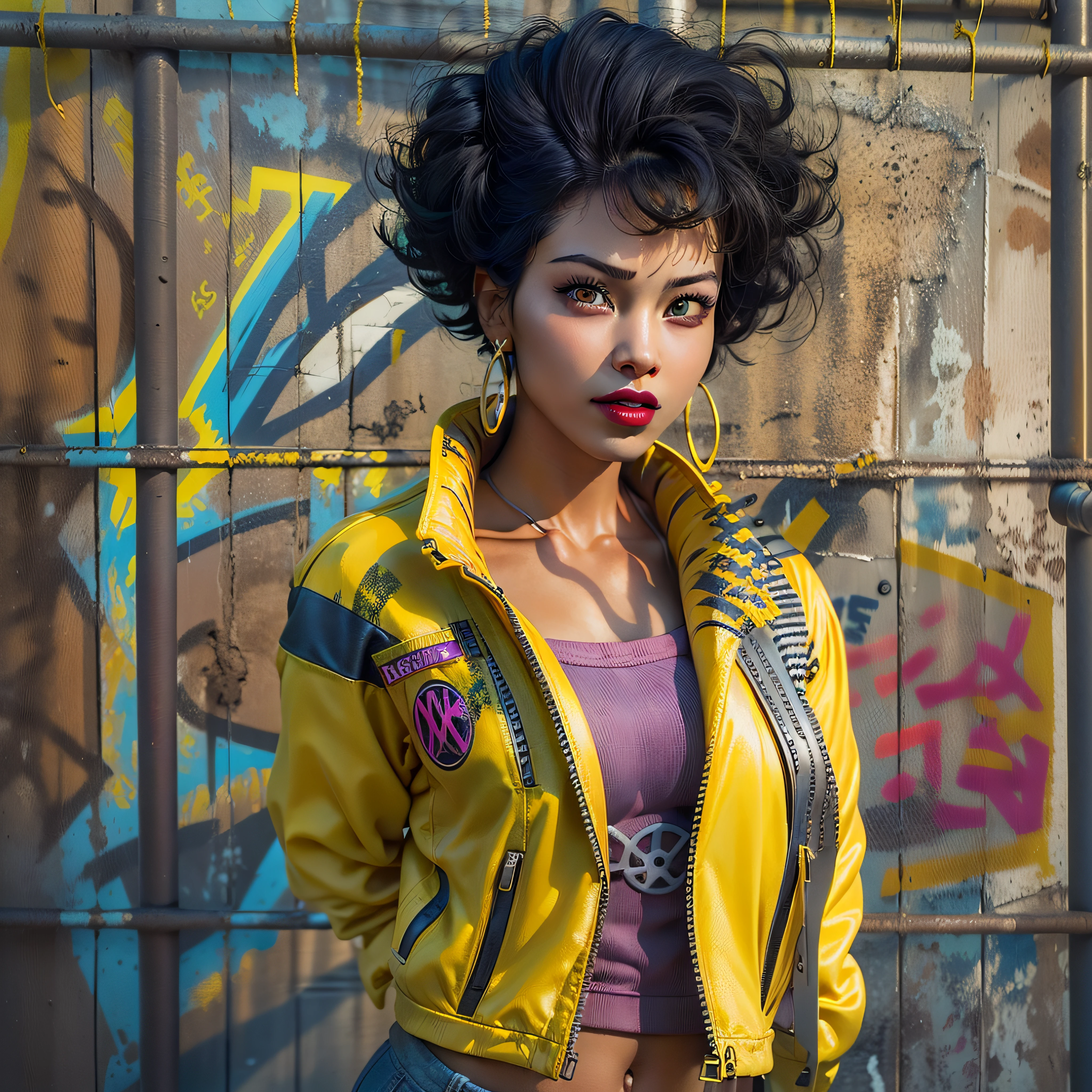 jubilee, (((short black hair))), brown eyes ,lips ,lipstick,dark skin,solo, standing,  hands on hips, upper body, close up,
jubJak, denim shorts , (((open yellow jacket))), purple shades on head, hoop earrings ,((blue gloves)), pink shirt, blue boots,
streets, chain fence, ((wall with x-men graffiti)), retro,
(insanely detailed, beautiful detailed face,  masterpiece, beautiful detailed  eyes, best quality) photo-realistic, octane render,