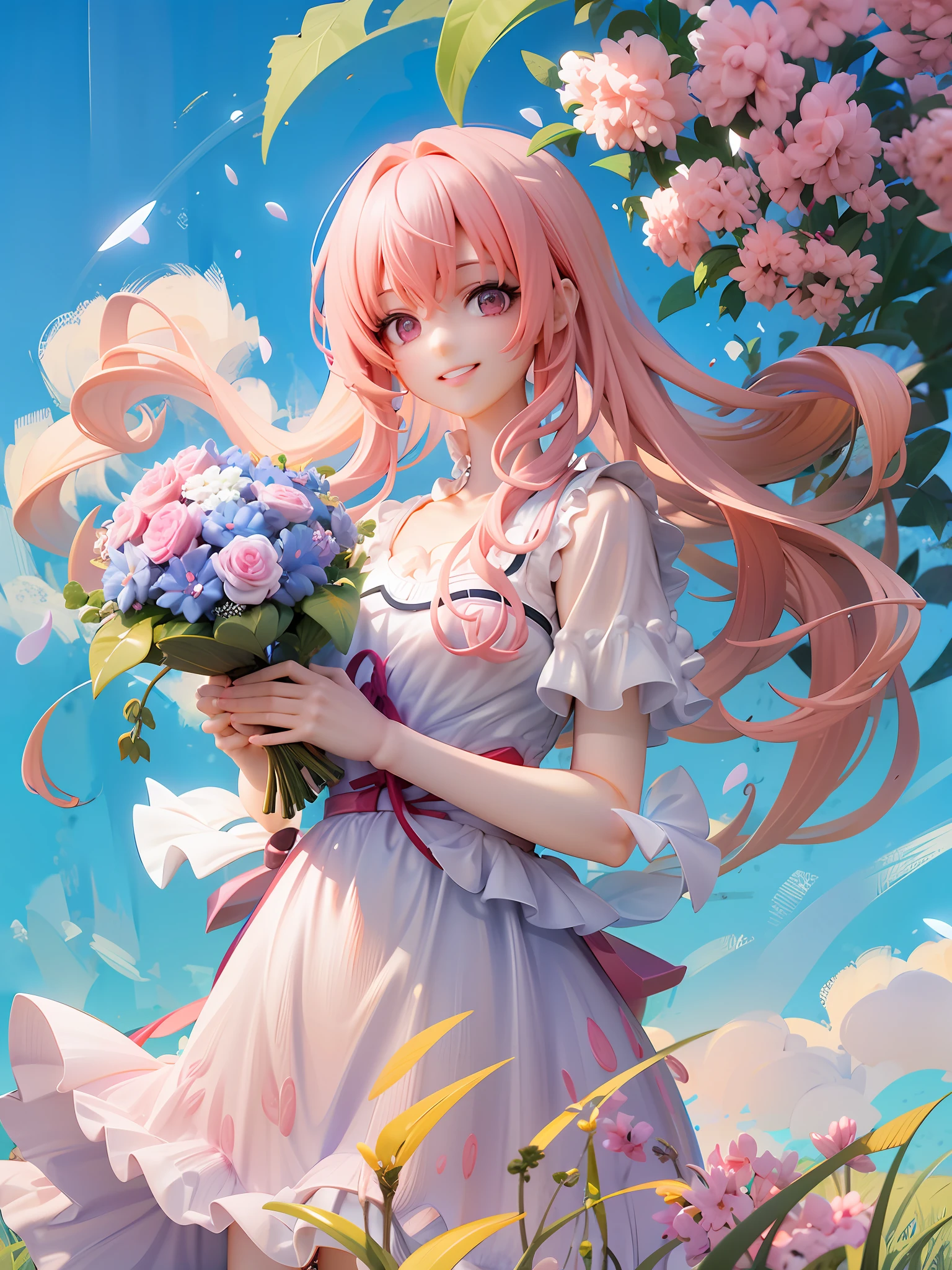 1girl, pink hair, long hair, pink eyes, beautiful eyes, smile, happy, white dress, bouquet, holding with both hands, upper body, on grassland, blue sky