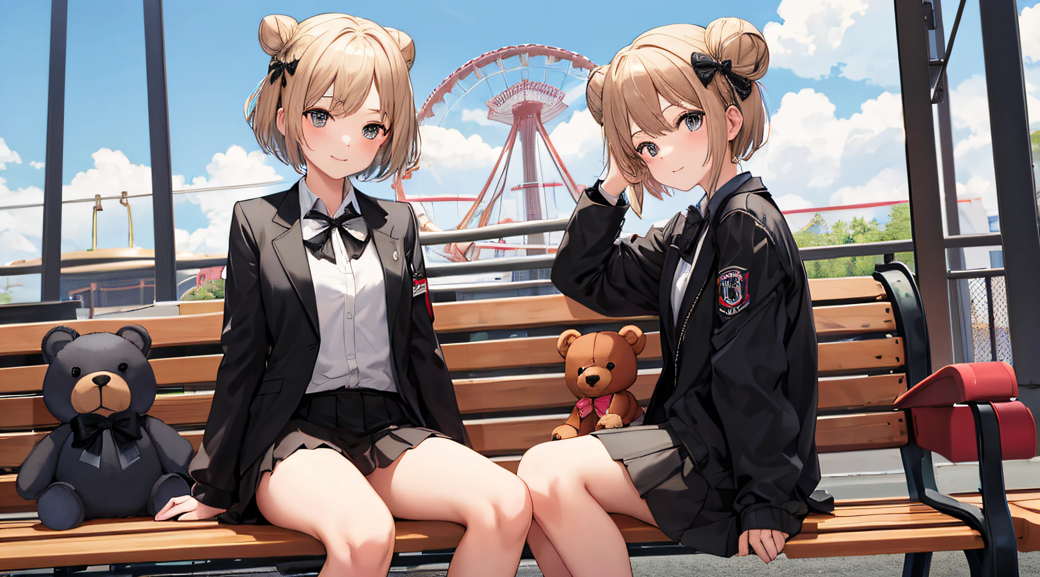 masterpiece, best quality, highres, hmaw3, short hair, bow, single hair bun, (black jacket:1.2), skirt, cowboy shot, amusement park, sitting, bench, stuffed animal, teddy bear, holding teddy bear,