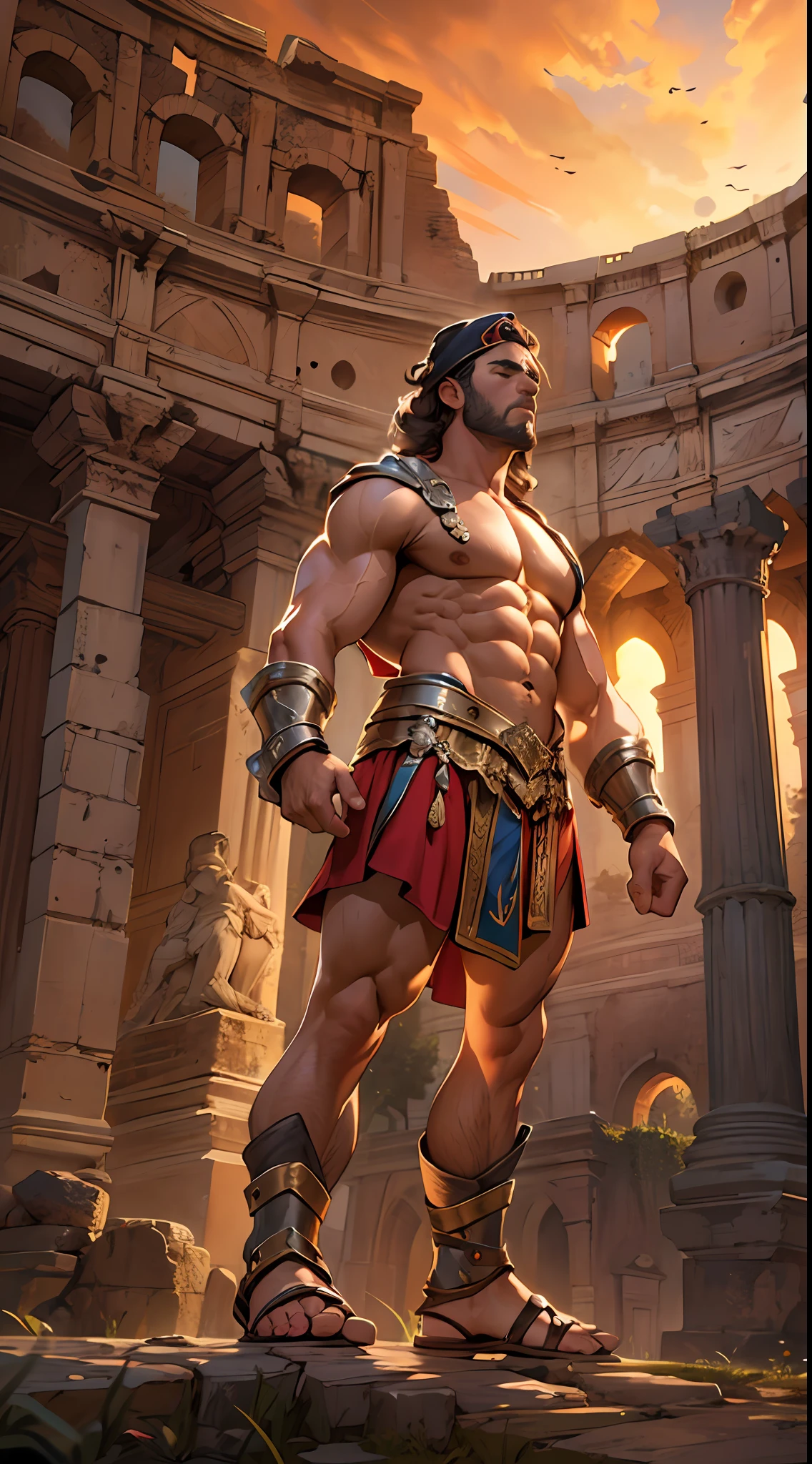 Mighty gladiator, chest uncovered, lower body revealed from thighs to feet, cascading long curls, detailed muscular physique, lifelike depiction, 4K resolution. Background: Colosseum during a spectacular sunset,32k uhd, best quality, masterpiece, super detail, high details