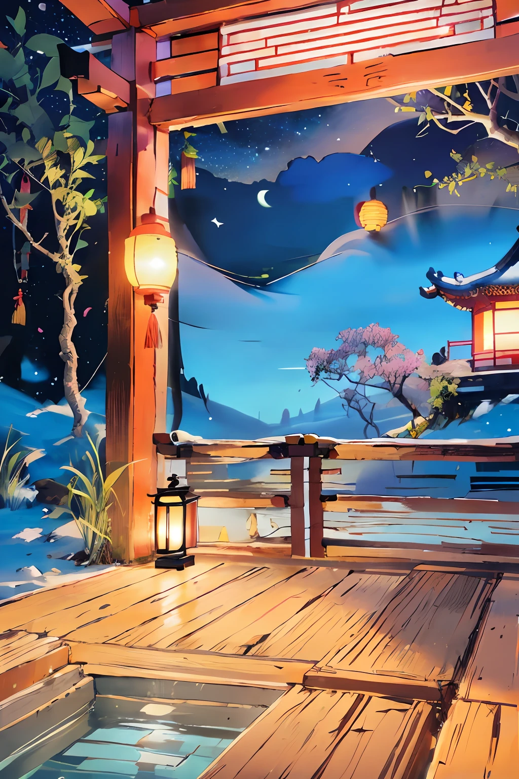 Under the stars at night，Lanterns hang in Chinese-style temples，The lantern lit up with a faint glow，On the floor sat a meditating monk，China-style，zen feeling，National style，Mid-range vision，