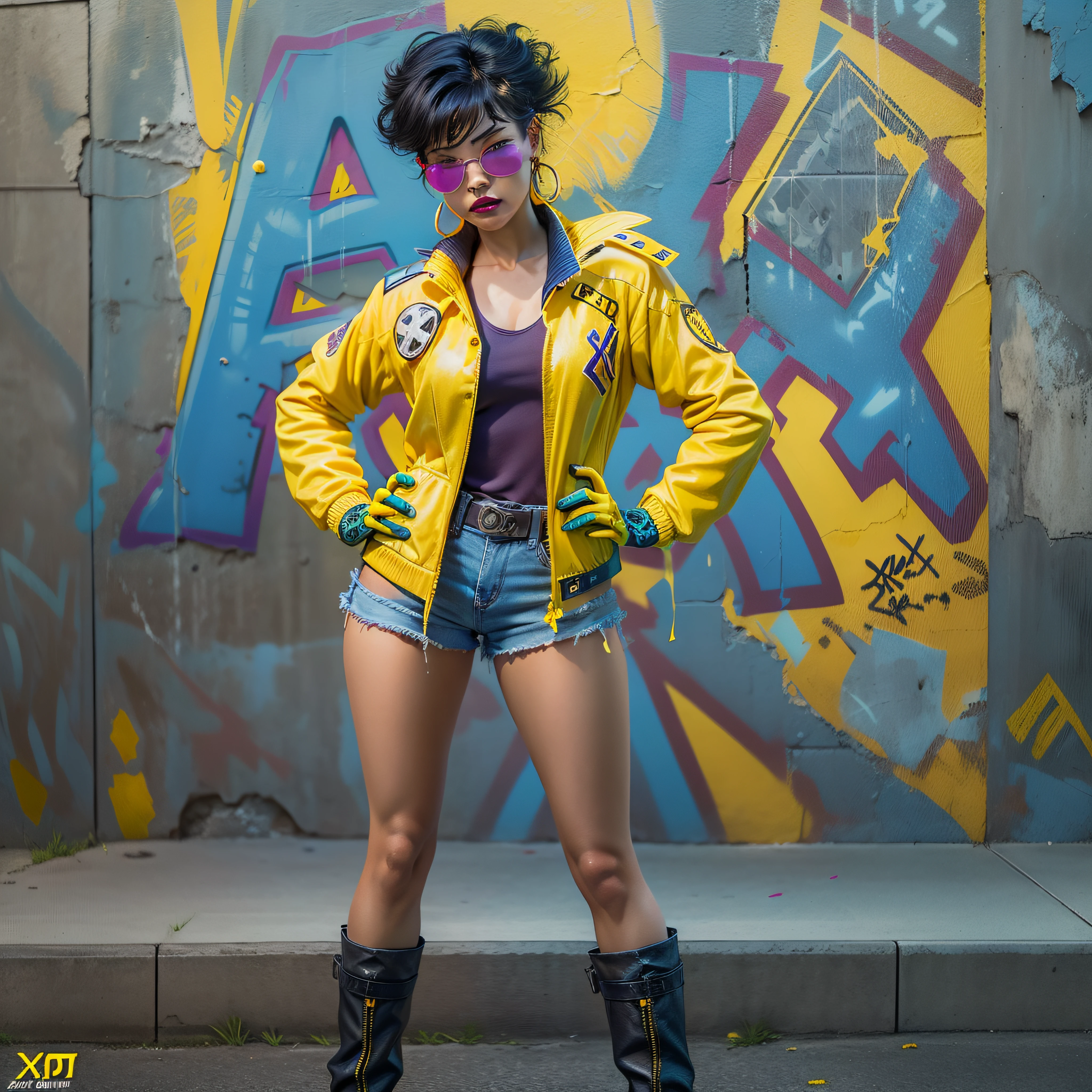 jubilee, (((short black hair))), brown eyes ,lips ,lipstick,dark skin,solo, standing,  hands on hips, upper body, close up,
jubJak, denim shorts , (((open yellow jacket))), purple shades on head, hoop earrings ,((blue gloves)), pink shirt, blue boots,
streets, chain fence, ((wall with x-men graffiti)), retro,
(insanely detailed, beautiful detailed face,  masterpiece, beautiful detailed  eyes, best quality) photo-realistic, octane render,