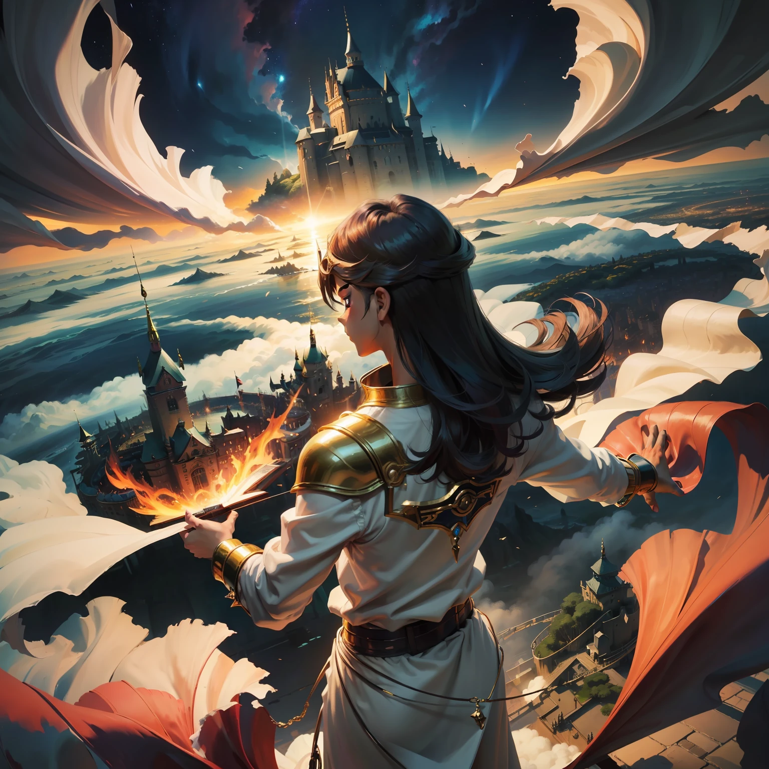 Subject description：A Yu-Gi-Oh duelist in a gorgeous cape，A grand duel is unfolding，Fierce battles。

Environment scenes：In painting，Yu-Gi-Oh Duelist stands at the top of the towering castle，Surrounded by magnificent vistas，In the distance there are mountains and a sea of clouds，The sky is filled with mysterious and dynamic light。

art-style：OilPaintStyle，Inspired by the work of the impressionist artist Monet，Highlight the change of light and shadow on the Yu-Gi-Oh Duelist，Creates a soft and dreamy effect。

Media materials：oil painting

Camera perspective：two point perspective，The observer angle is located on a small hill next to the castle，Get a panoramic view of the Yu-Gi-Oh Duelist at the top of the castle。

Definition of artwork accuracy：high high quality、super detailing、A high resolution、The size ratio is 16:9