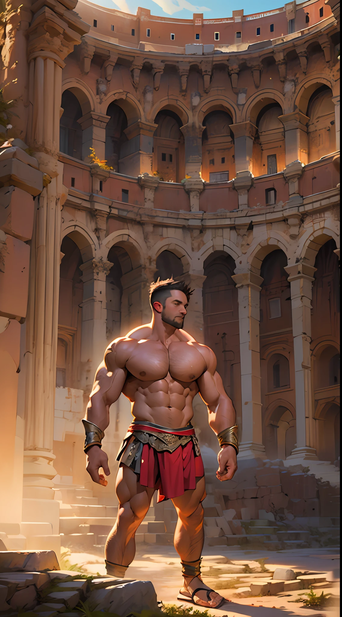 Mighty gladiator, chest uncovered, lower body revealed from thighs to ...