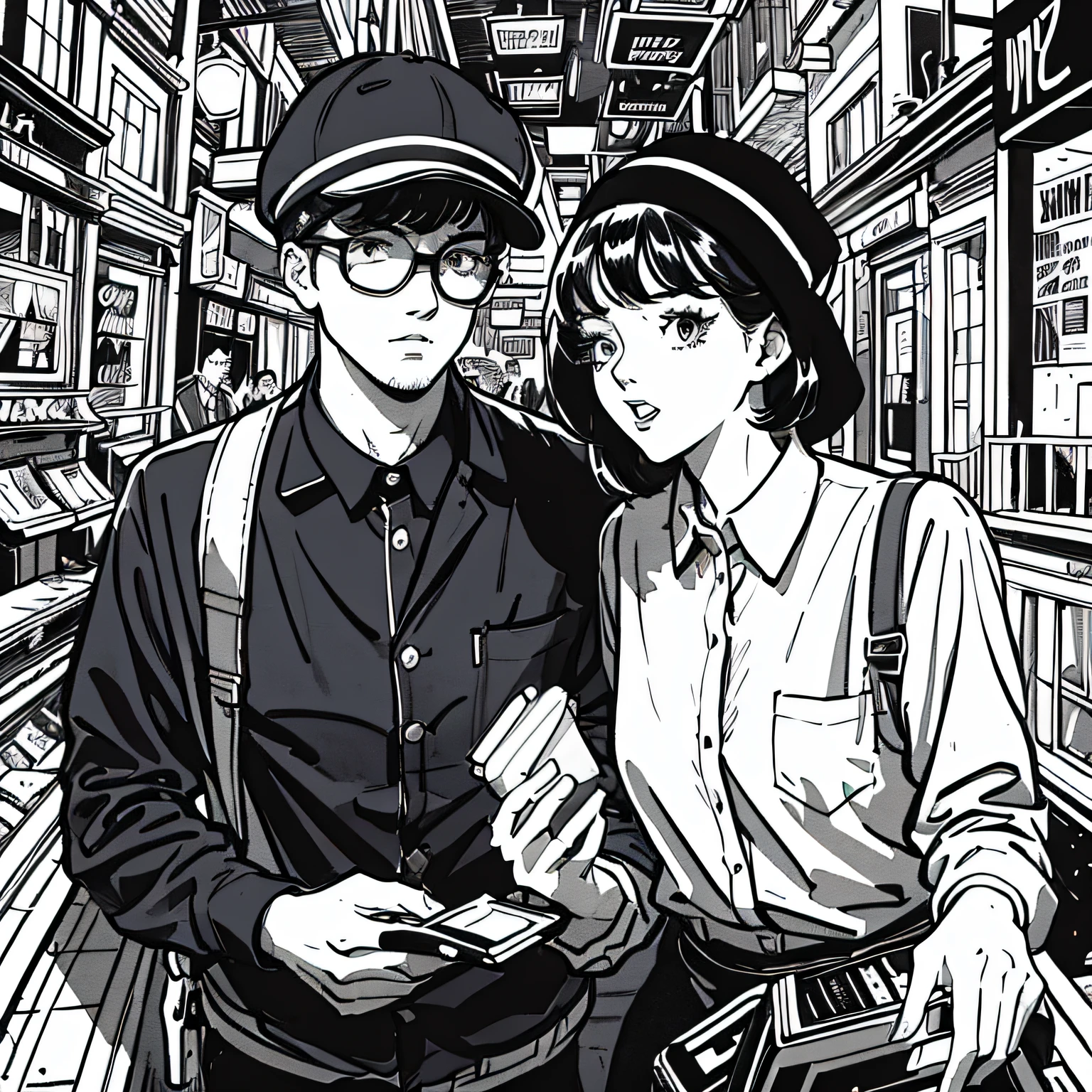 (Ilustración al estilo Noir Comics:1.2),(en blanco y negro_alto contraste),Pareja joven y mujer robando un banco