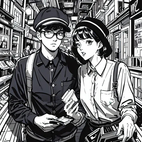 (Noir Comics-style illustration:1.2),(Black and white_High contrast),Young man and woman couple robbing bank