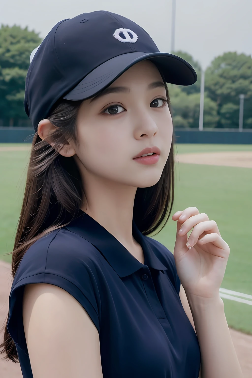 一人の少女、最高品質、傑作、超高解像度、(フォトリアリスティック:1.4)、野球帽をかぶった女性がいます、紺色のポロシャツを着ている、野球場