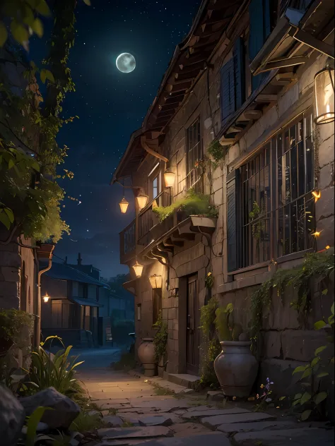 official arts, The ancient city of Europe, Ancient streets, (Lots of fireflies), (the night), (luna), Lights, Beautiful landscapes, Epic landscapes, Realistic lights, tmasterpiece, hiquality, Beautiful graphics, higly detailed, Global Illumination, unreal ...