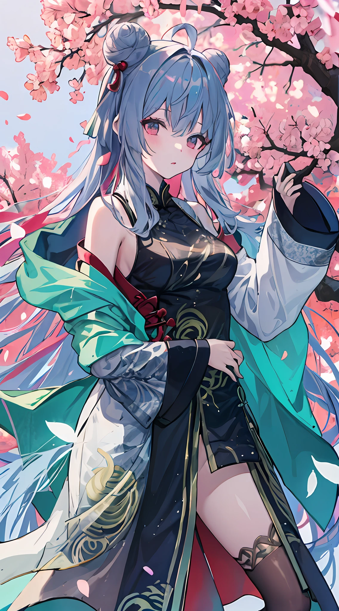 top-quality, Ink painting style, Fresh and elegant, Clear lake, The cherry blossoms set as the sun sets, White cyan pattern cheongsam girl, Ride the flower wind to blow your head, A forest dotted with green leaves, Birds sing happily, A poetic scene