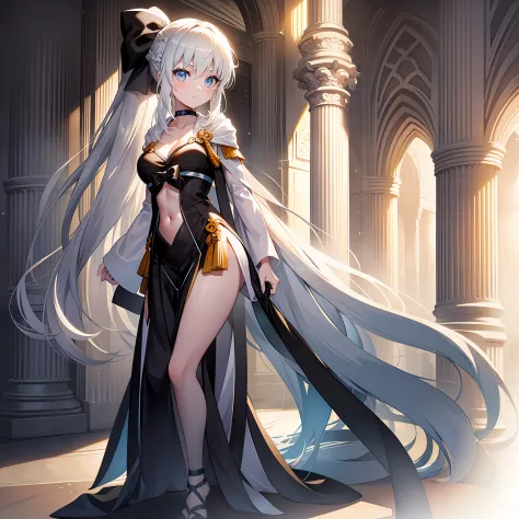 A girl with long white hair tied into a black bow and ponytail stood in the center of the palace lobby。anatomy correct，tmasterpiece，Masterpiece