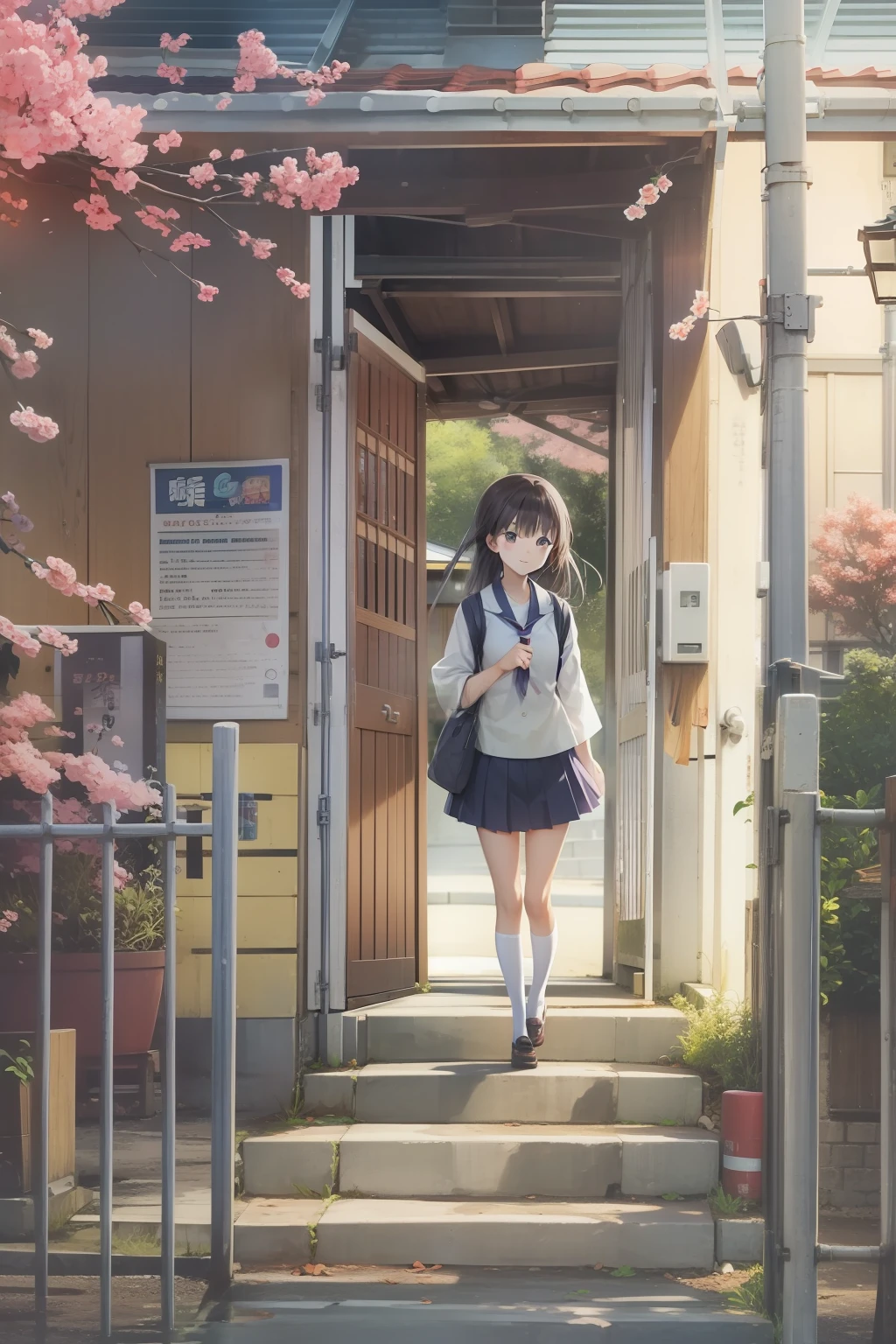 Japan Anime、One high school student、Leaving the gate of the house happily