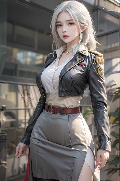 photorealistic, high resolution, 1 women, solo, hips up, look at viewer, (detailed face), white hair, military uniform, skirt