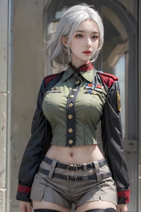 photorealistic, high resolution, 1 women, solo, hips up, look at viewer, (detailed face), white hair, military uniform, skirt