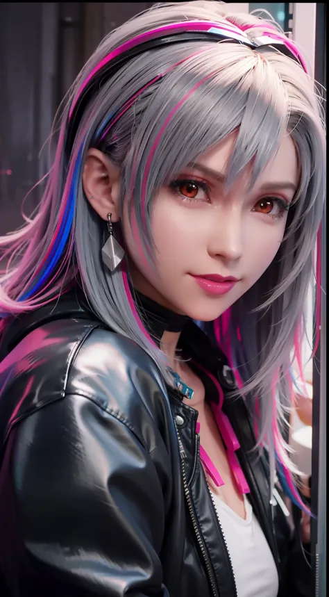 lucy \(cyberpunk\), 1girl, hair scrunchie, hime cut, silver hair, colored tips, full moon, grey eyes, jacket, long sleeves, look...