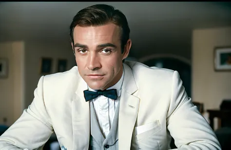 award winning (portrait photo:1.4) of a handsome man, sirsean, sitting playing poker, dressed in a white suit and bowtie, in a b...