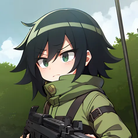 obra maestra, detallado, tomoko-kuroki, casco de camuflaje, chica, sosteniendo un carabina m4, ojos verdes, cabello negro, explo...