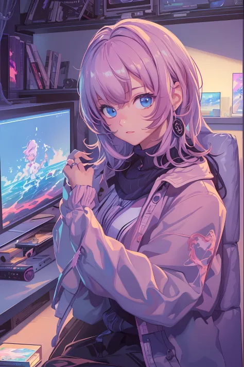 (​masterpiece), (The best illustrations), Relaxing Girl, anime backgrounds, Game Bedroom, TV with large computer, Ring lighting,...