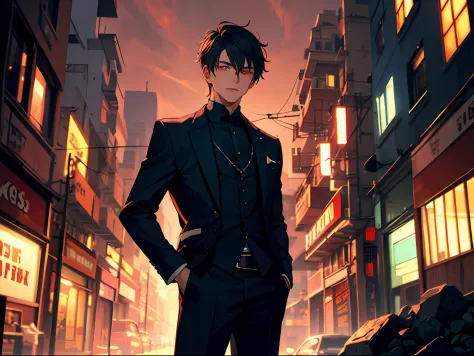 A handsome teenager，His eyes radiated an eerie crimson light，The background is a shabby city background
