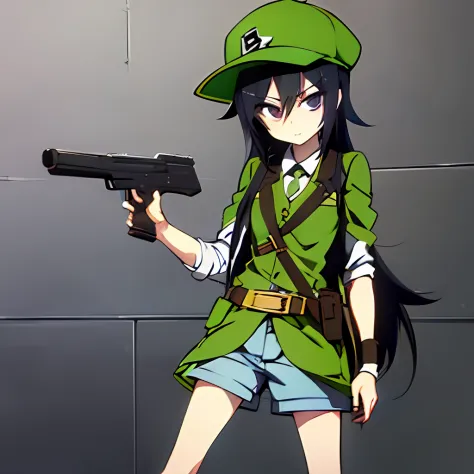 obra maestra, detallado, tomoko-kuroki, jersey con capucha negro, gorra roja, pantalones cortos marrones, sosteniendo un rifle, ...