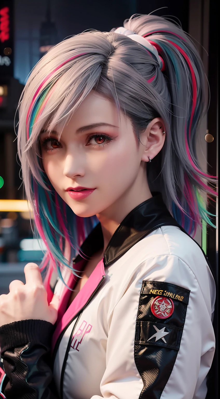 lucy \(cyberpunk\), 1girl, hair scrunchie, hime cut, silver hair, colored tips, full moon, grey eyes, jacket, long sleeves, looking at viewer, medium hair, multicolored hair, parted bangs, parted lips, pink hair, portrait, red eyeliner, red lips, solo, white jacket, cyberpunk \(series\), rainy night in a cyberpunk city with glowing neon lights