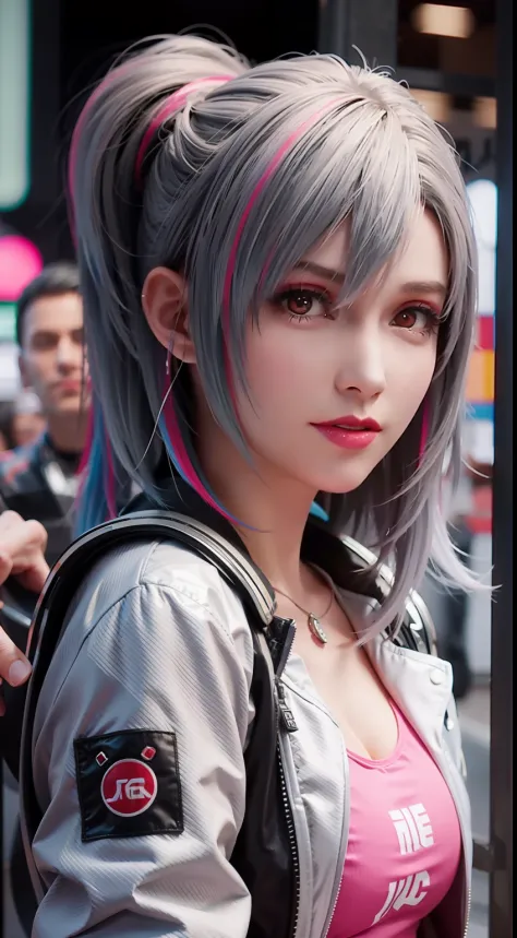 lucy \(cyberpunk\), 1girl, hair scrunchie, hime cut, silver hair, colored tips, full moon, grey eyes, jacket, long sleeves, look...