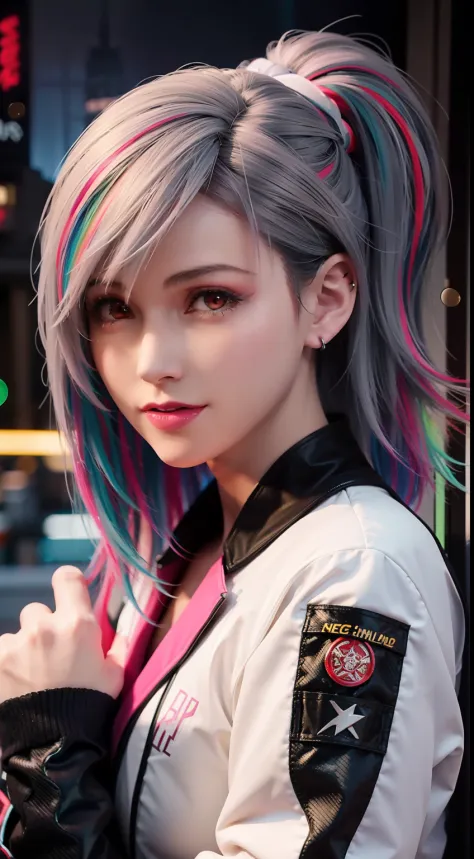 lucy \(cyberpunk\), 1girl, hair scrunchie, hime cut, silver hair, colored tips, full moon, grey eyes, jacket, long sleeves, look...