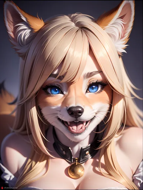 Anime - Stilbild einer Frau mit einem Katzenkopf und blauen Augen, Portrait of an anthro fox, furry character portrait, Kopfschu...