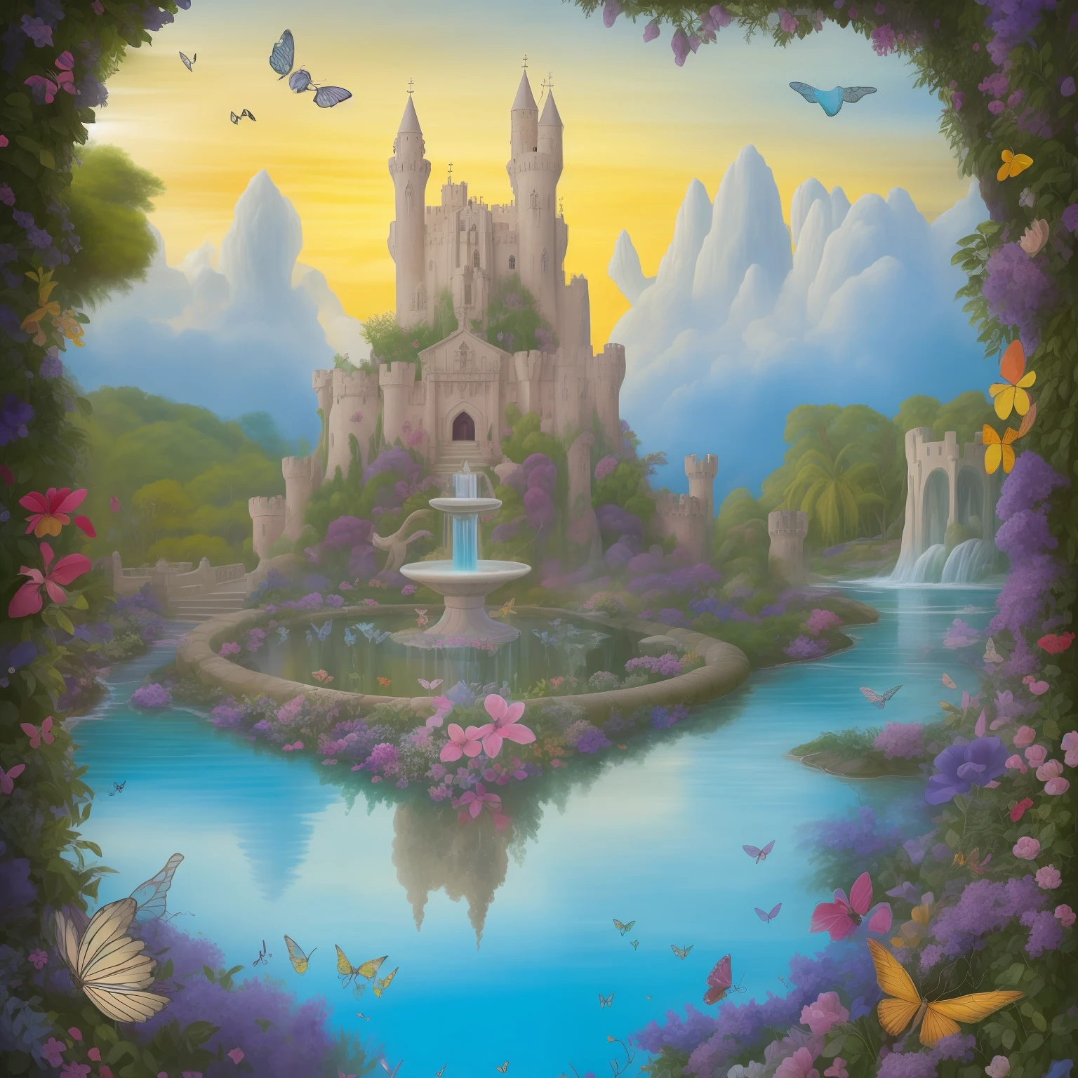"Imagine una obra de arte que transporte a los espectadores a un reino de asombro.. Una escena mágica y encantadora se desarrolla ante tus ojos., con un paisaje exuberante y lleno de vida. No horizonte, se levanta un majestuoso castillo de cuento de hadas, con torres en espiral, elaboradas almenas y vidrieras brillantes que reflejan los colores del arco iris.

alrededor del castillo, un exuberante, flores exóticas del jardín, lleno de flores exuberantes y fauna encantadora. Mariposas multicolores bailan con gracia en el aire., mientras los pájaros cantan melodías celestiales entre las ramas de árboles centenarios.

Un río serpenteante atraviesa el paisaje., sus aguas cristalinas reflejando el sol. Puentes de piedra arqueados conectan las orillas, añadiendo un toque pintoresco a la escena.

Frente al castillo, Una fuente tallada con intrincados detalles brota agua cristalina en cascada, rodeado de elegantes estatuas de seres mitológicos y criaturas fantásticas..

El cielo está pintado en tonos dorados., rosa e azul, mientras las nubes blancas y esponjosas flotan suavemente, enmarcando la escena como una obra maestra celestial.

Esta obra de arte es una invitación a un mundo de maravillas., donde la imaginación se hace realidad y los sueños se hacen realidad. Cada detalle está cuidadosamente elaborado para deleitar y cautivar el corazón y la mente del espectador., transportándote a un universo de belleza y encanto."