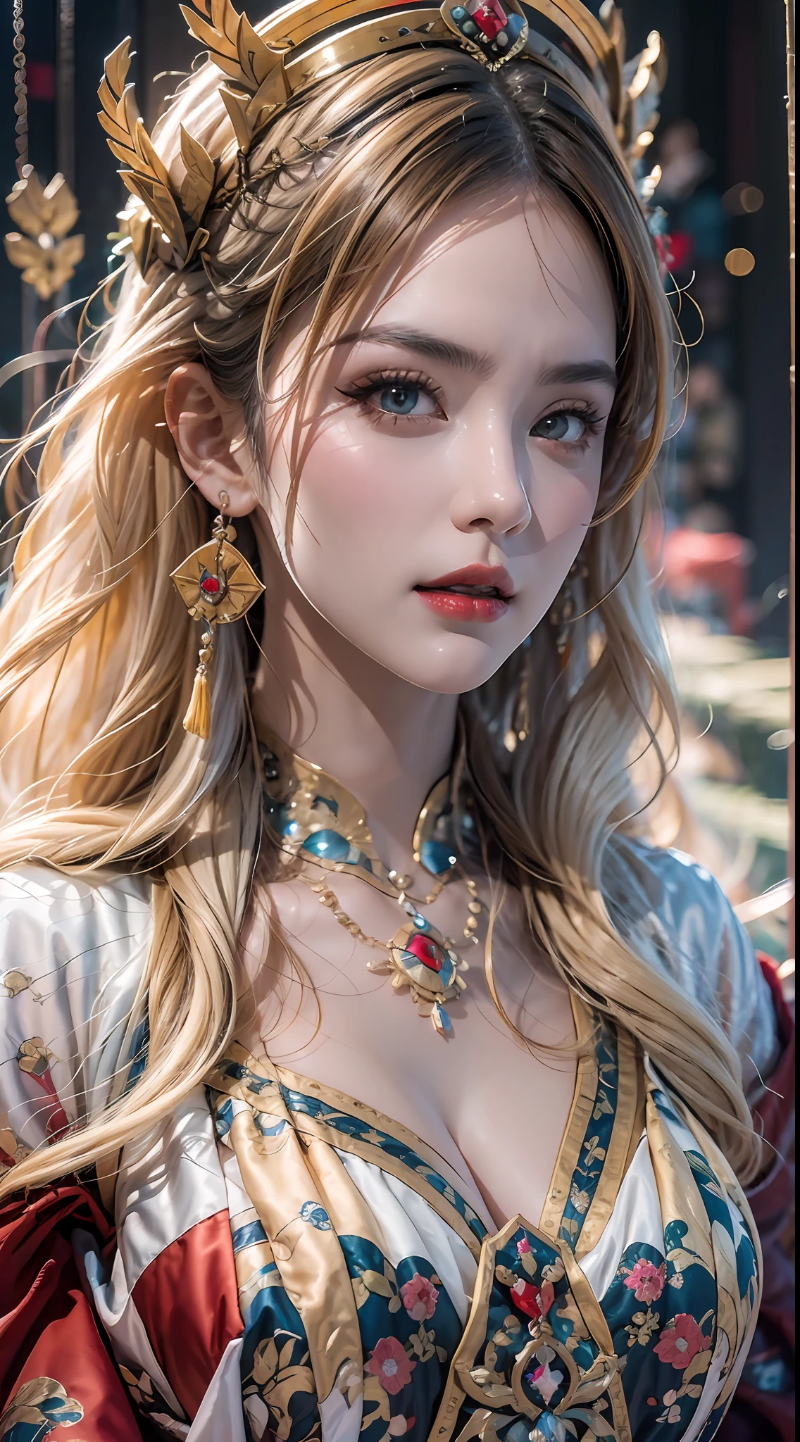 美しい20歳の聖女の肖像画, 薄い多色のシルクのドレスを着て, beautiful 顔 without blemishes, ((自然な笑顔:0.3)), ((7色の髪の長さ:1.2)), 大きな王冠, ヘアブローチ, 漢服ドレス, 中国古代スタイル, 全身ジュエリー, 額のタトゥー, 非常に均一な胸, 顔, 赤い唇, 繊細なピンクと白の目 (白くて細かい) 映画のような, 光と闇, ドラマチックな照明, 魔法の光, 非常に詳細な光, 天然色, 超シャープ, 現実的, 8K品質, ファンタジー宇宙の背景, 聖人と魔法の空間, 最も詳細な画像,