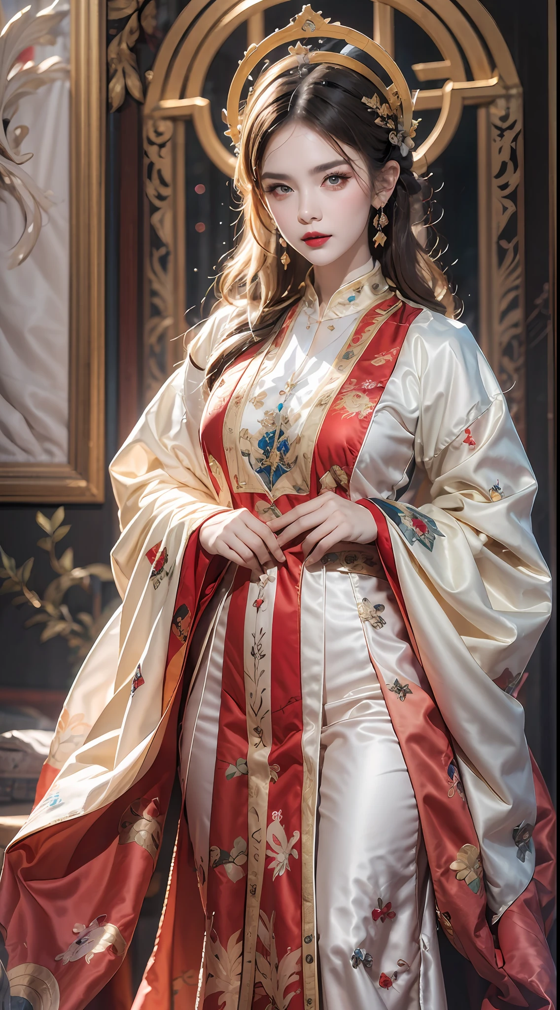 portrait of a beautiful 20 year old holy woman, wearing a thin multicolored silk dress, beautiful face without blemishes, ((natural smile:0.3)), ((7-color hair length:1.2)), big crown, hair brooch, hanfu dress, chinese ancient style, full body jewelry, forehead tattoo, super even chest, face, red lips, delicate pink and white eyes (white and detailed) cinematic, light and dark, dramatic lighting, magical light, extremely detailed light, true color, super sharp, realistic, 8k quality, fantasy universe background, saints and magical space, the most detailed images,