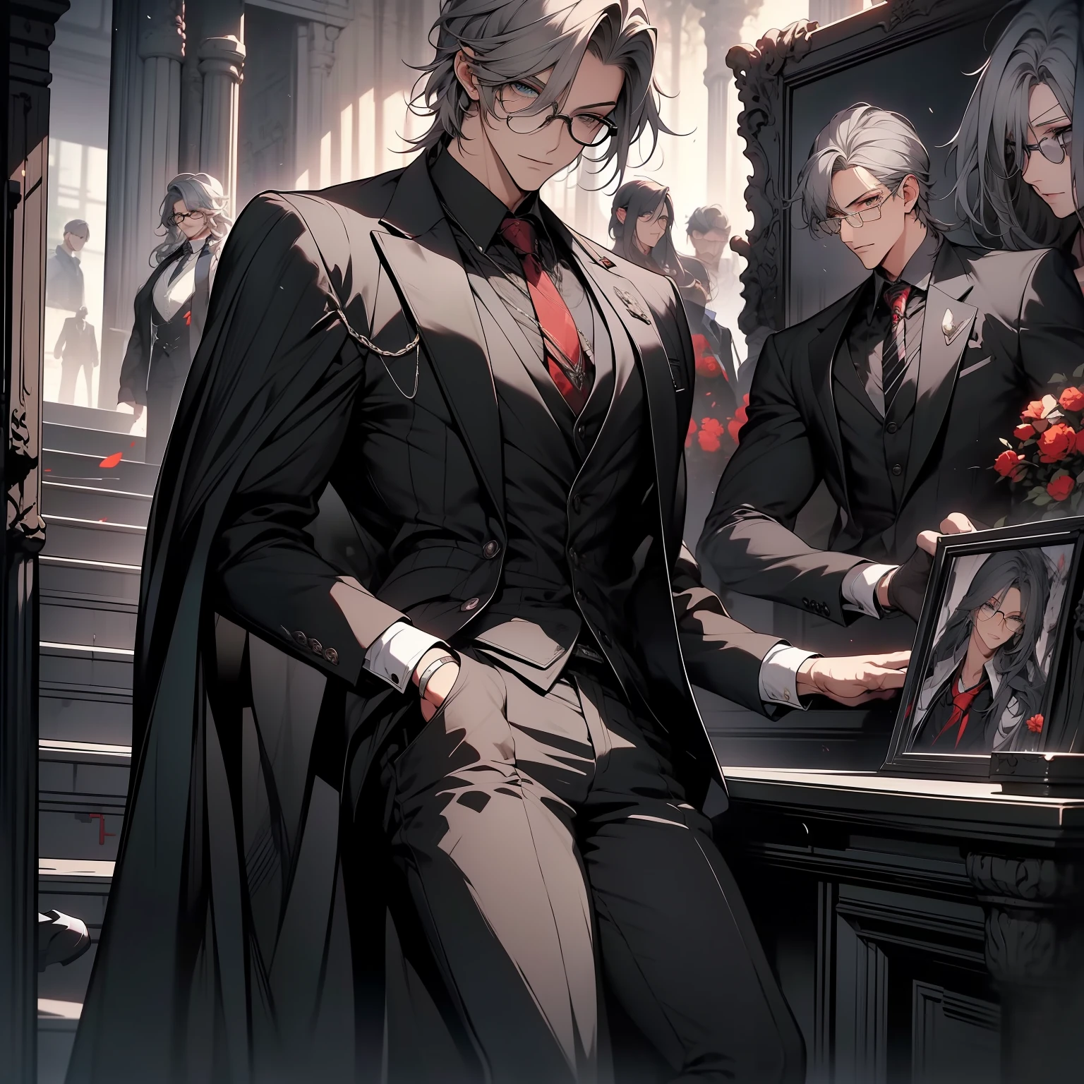 hyper-high detail，light grey hair，Black framed glasses man，Wearing a gorgeous black suit，Black leather shoes，A black blazer is draped over the body，Full body standing painting，DIABOLIK LOVERS PAINTING STYLE，Wears a gray vertical striped shirt and tie，Handsome looking anime characters, official character illustration, quadratic element