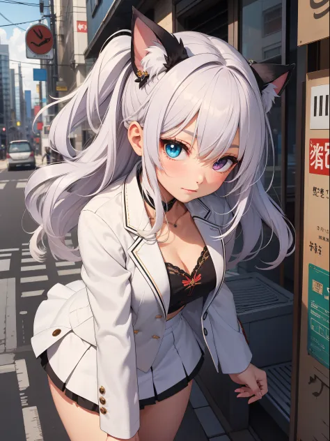 1个Giant Breast Girl, 16 yaers old, Full body lesbian,100 meters tall girl，  Bigger than a building,no shoe，Black jacket with white shirt ，a blue  tie，brunette color hair，Wolf ears，Light red eyes，A cold expression，  Destroyed