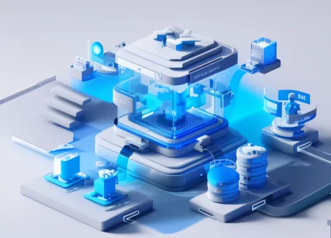 Machines with blue-and-white images come with blue light, 3d abstract render overlayed, prerendered isometric graphics, depicted as a 3 d render, computer render, 3 d isometric, 3d isometric, blueshift render, isometric 3d render, 3d computer render, autho...