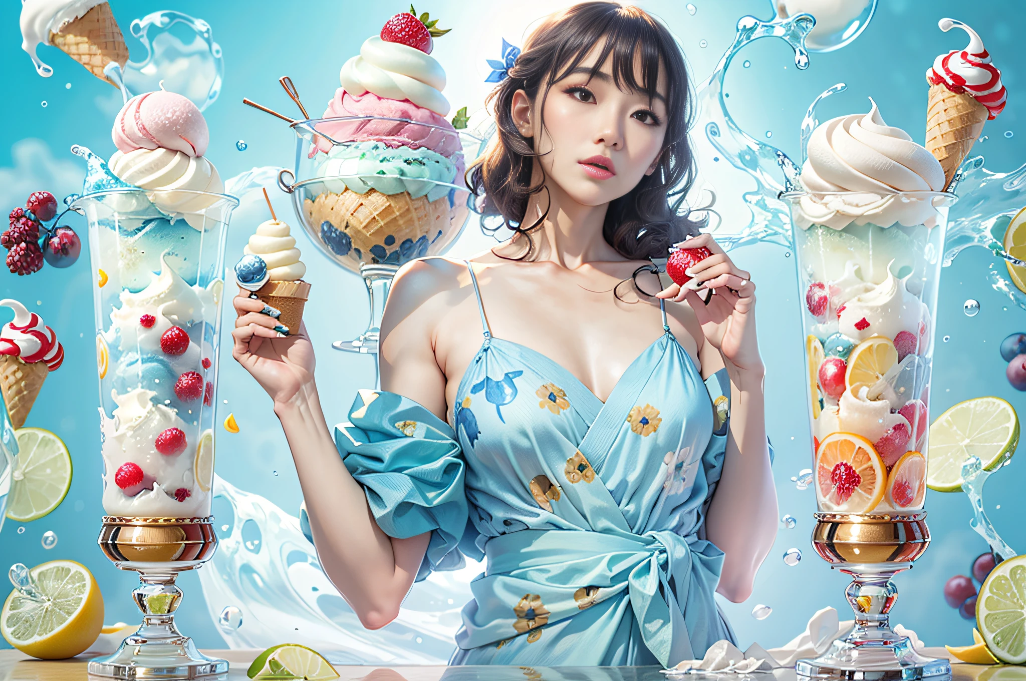 (Masterpiece), (intriciate detail), (Photorealistic:1.3), 1 cute Japanese model, Elegant magazine advertising model for ice cream, Posing with ice cream, (Ice cream on crystal glasses), universe, Marine Blue Theme, ice, fruit, Cinematic light, (Simple background layout),