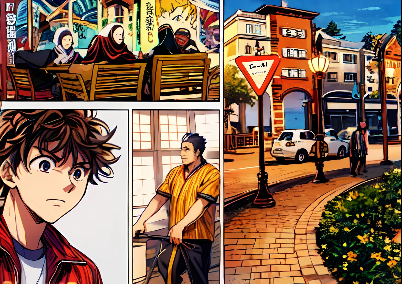 ein Anime eines Jungen-Mangas, Land der Muslime, Farbmanga, Manga-Farbe, Farbmanga, Farbmanga panel, Einfacher Hintergrund