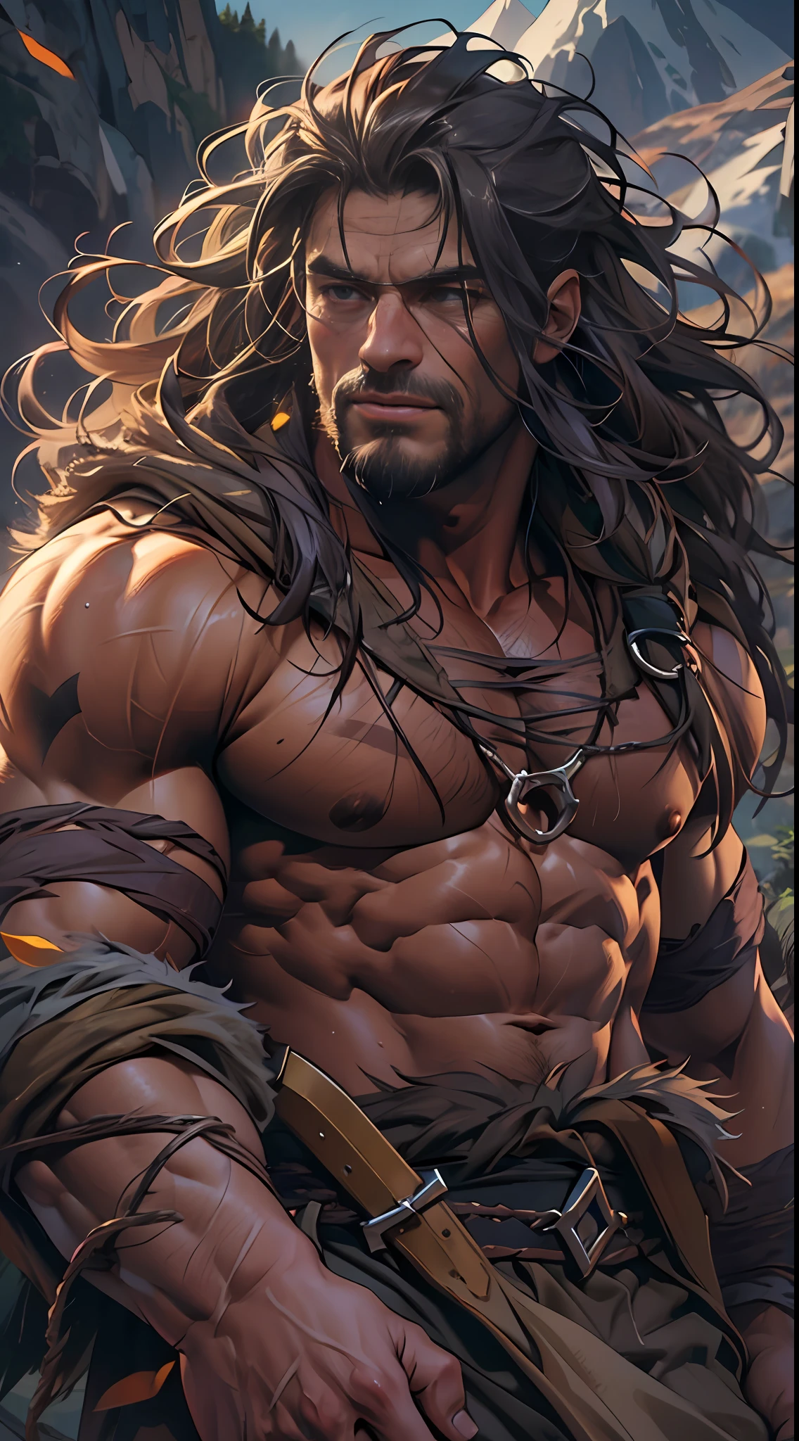 Muscular barbarian, upper body unclothed, legs uncovered from thighs to feet, flowing long curls, detailed muscular physique, lifelike representation, 4K resolution. Background: Wild untamed wilderness with rugged mountains,32k uhd, best quality, masterpiece, super detail, high details