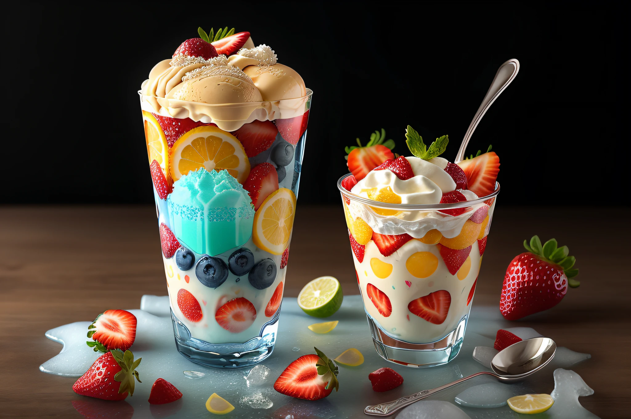 (Masterpiece), (intriciate detail), (Photorealistic:1.3), no human, mixed fruit Parfait, A mixture of fruits and ice cream with shaved ice, in Angled crystal glasses, Topped with strawberries and cream, universe, Marine Blue Theme, dramatic lighting, Spoon, pieces of ice, fruits,