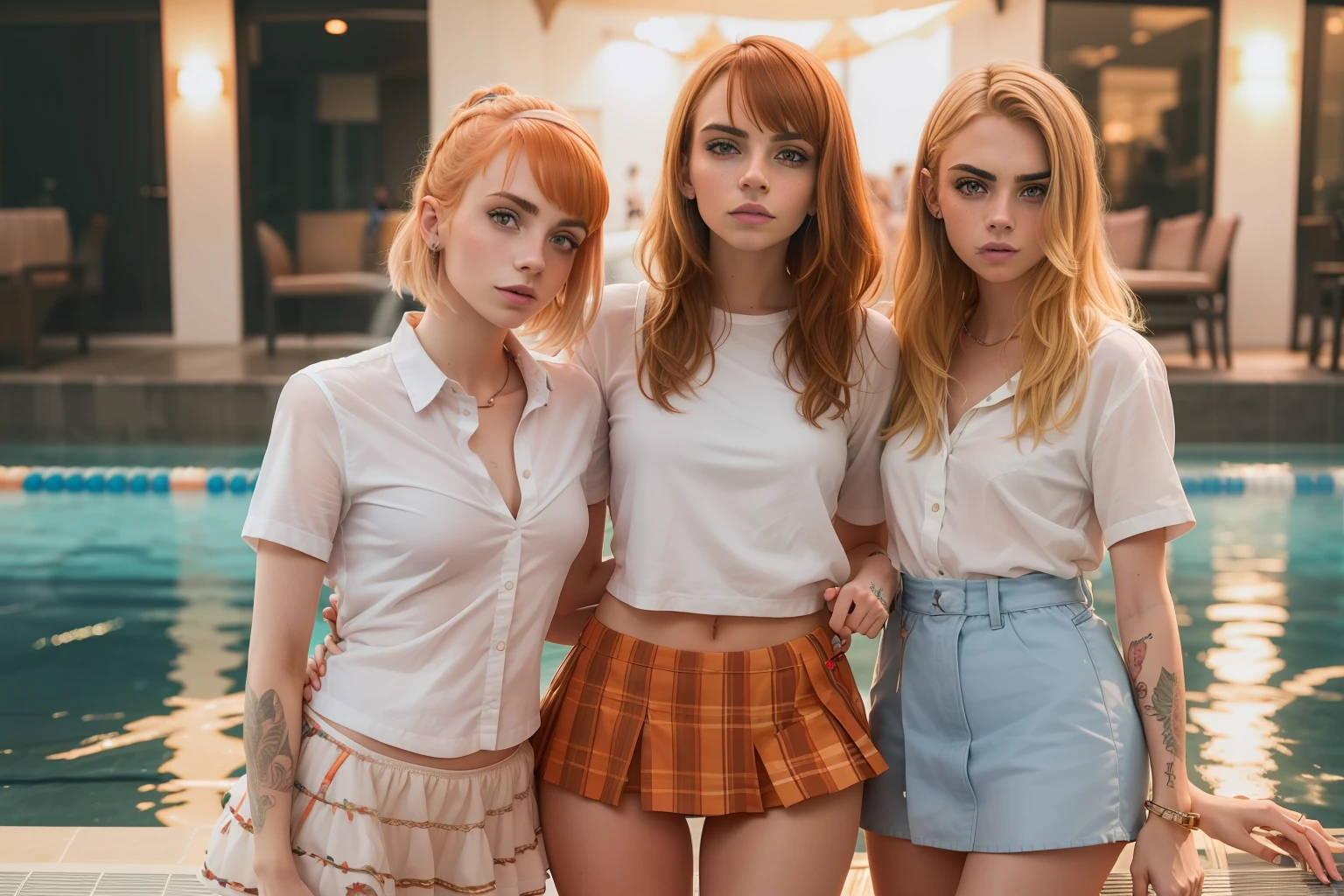 A photo of three women standing by the pool, Hayley Williams, Emma Roberts, Cara Delevingne, all wear Cropped shirts and microskirts, upskirt, ((from_below))