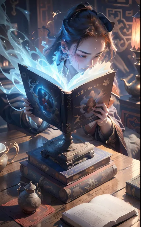 Reading on the desk，（The book is in the center of the picture：1.3），Close-up of the book，The book glows，Magic series，treasures，Sy...