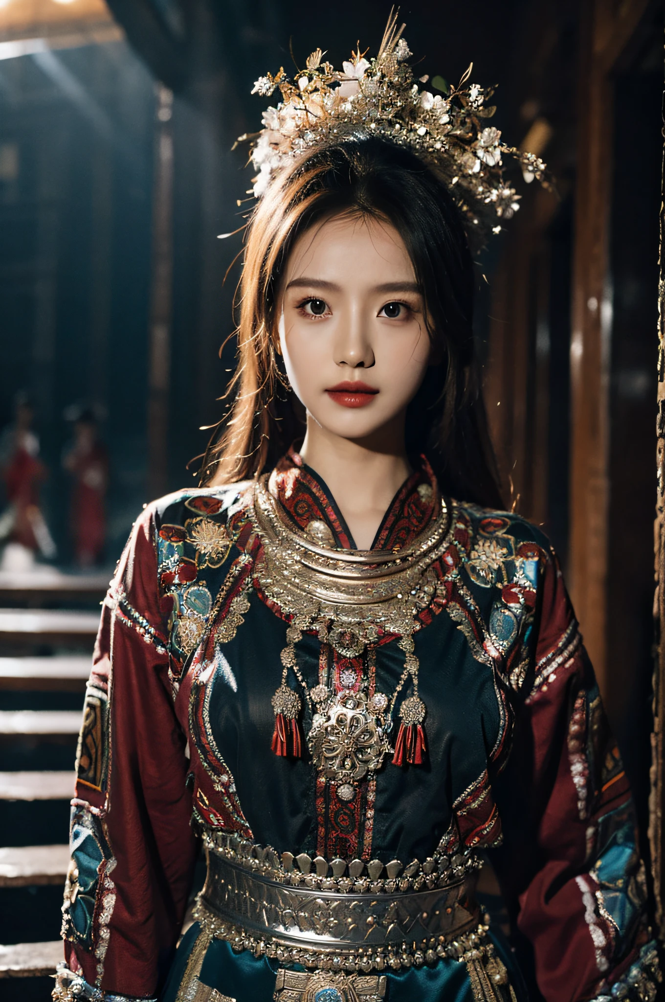 （Hyperrealistic,）4K,35mm，hyper-high detail, Professional lighting, Best quality, Ultra-high resolution, Visually stunning, (1girll:1.1),  （Hmong clothing ）,realskin,（Perfect body 1.3）Ultra-delicate face。