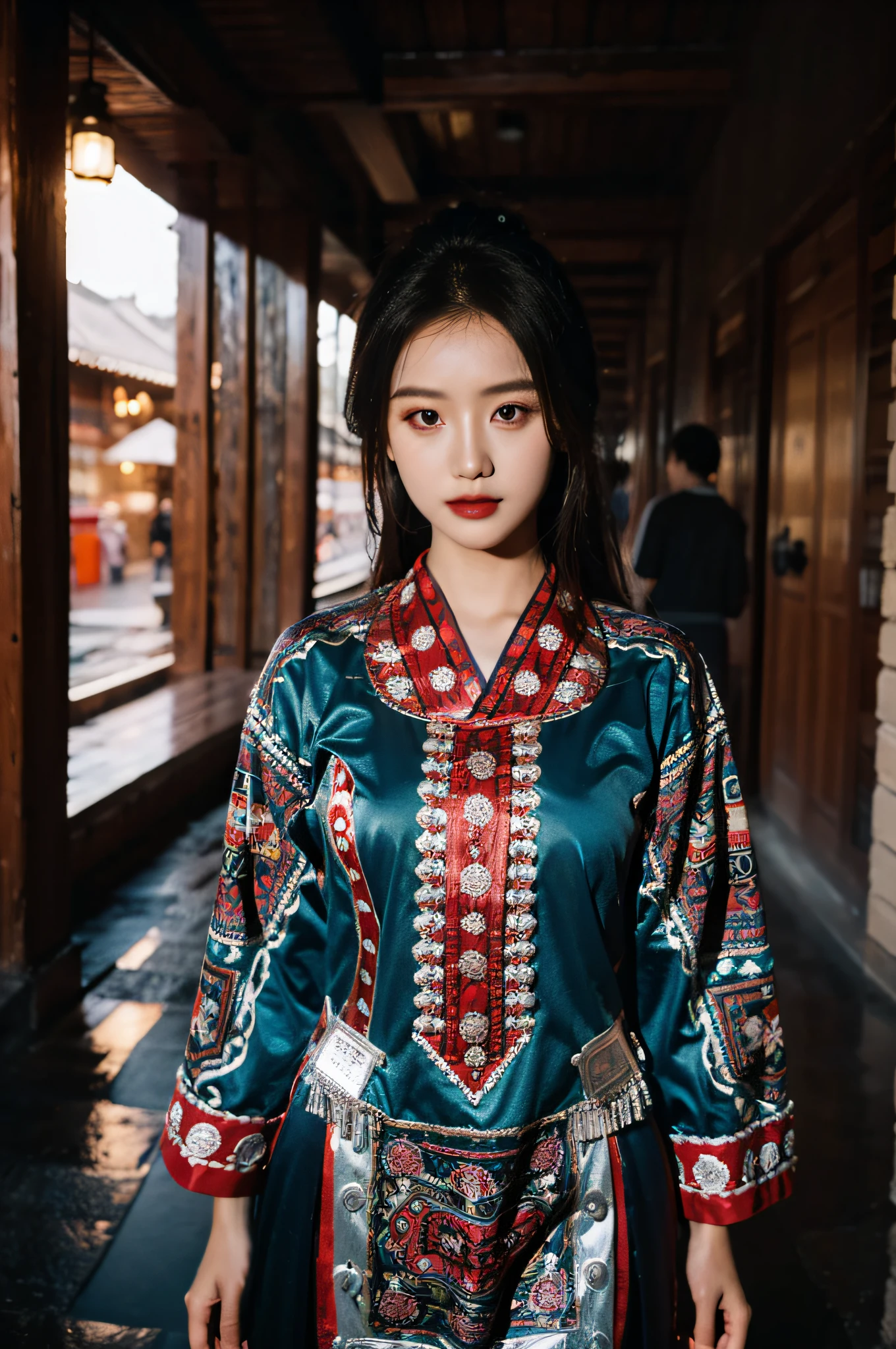 （Hyperrealistic,）4K,35mm，hyper-high detail, Professional lighting, Best quality, Ultra-high resolution, Visually stunning, (1girll:1.1),  （Hmong clothing ）,realskin,（Perfect body 1.3）Ultra-delicate face。