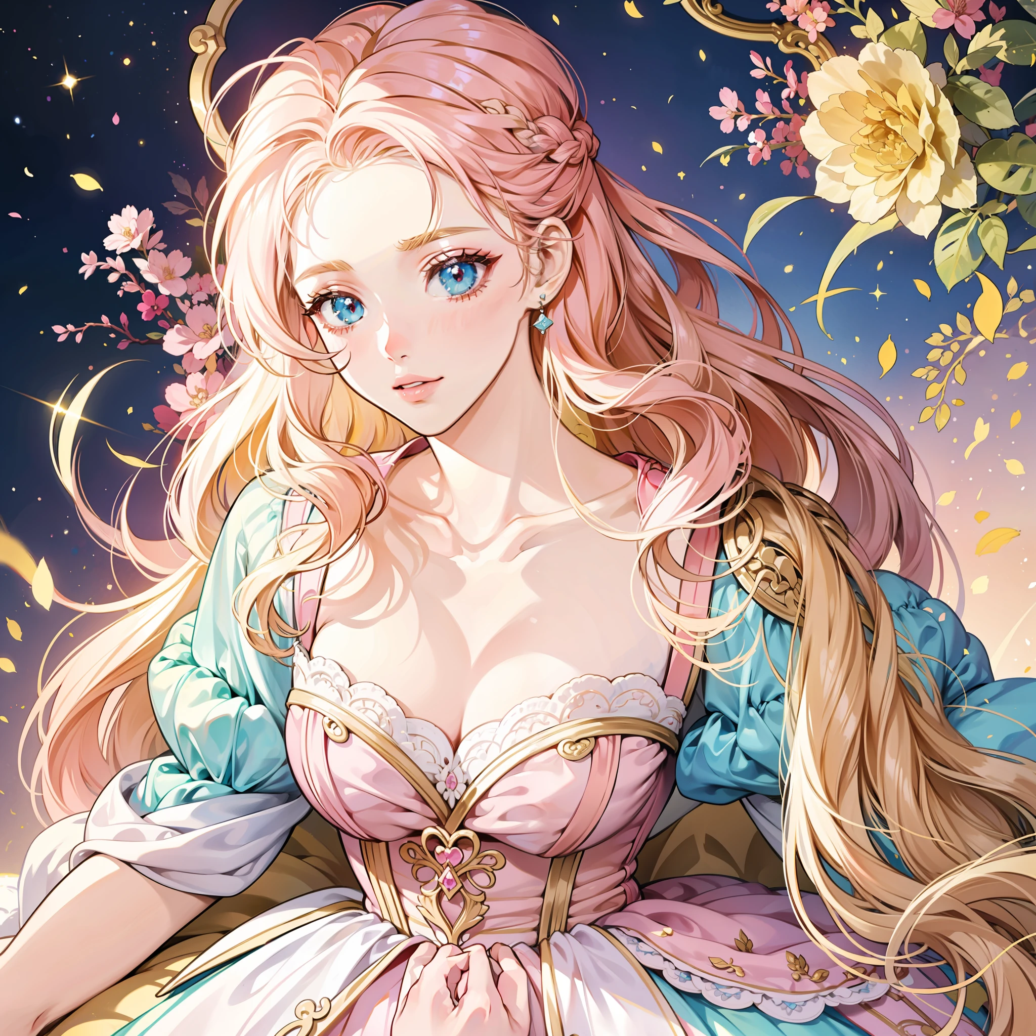 in pink，Barbie，golden hair，in the style of rococo pastel hues，Incredibly beautiful，hyper realisitc，messy  hair，Exaggerated long hair，exquisite and beautiful face，Beautiful and delicate eyes，White skin of the，largeeyes，Barbiecore，Light blue pupils