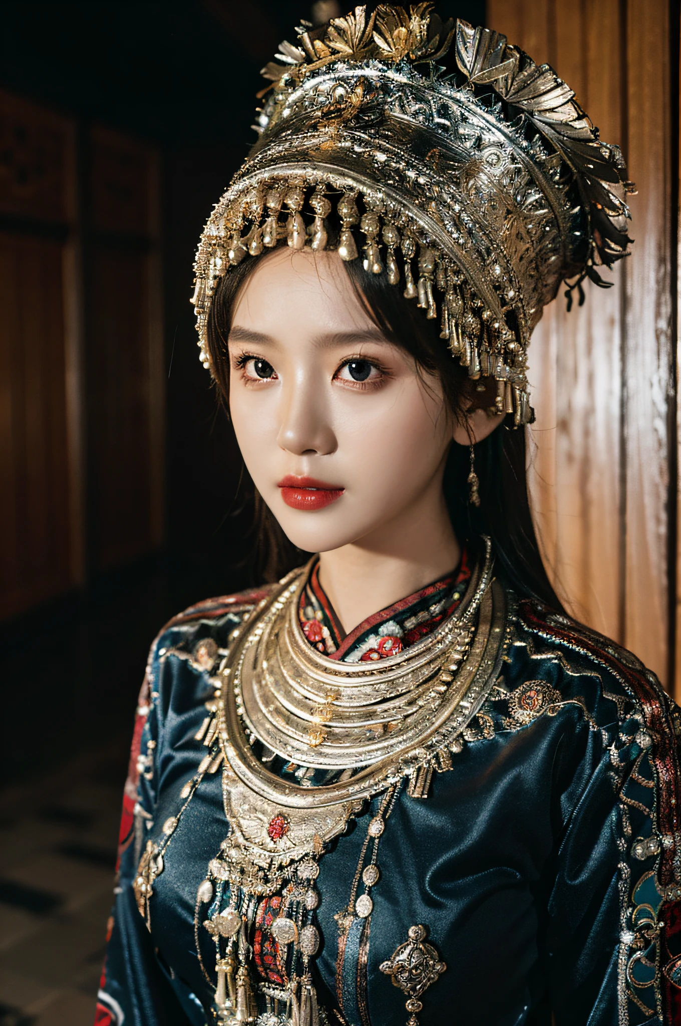 （Hyperrealistic,）4K,35mm，hyper-high detail, Professional lighting, Best quality, Ultra-high resolution, Visually stunning, (1girll:1.1),  Hmong clothing ,realskin,（Perfect body 1.3）Ultra-delicate face。