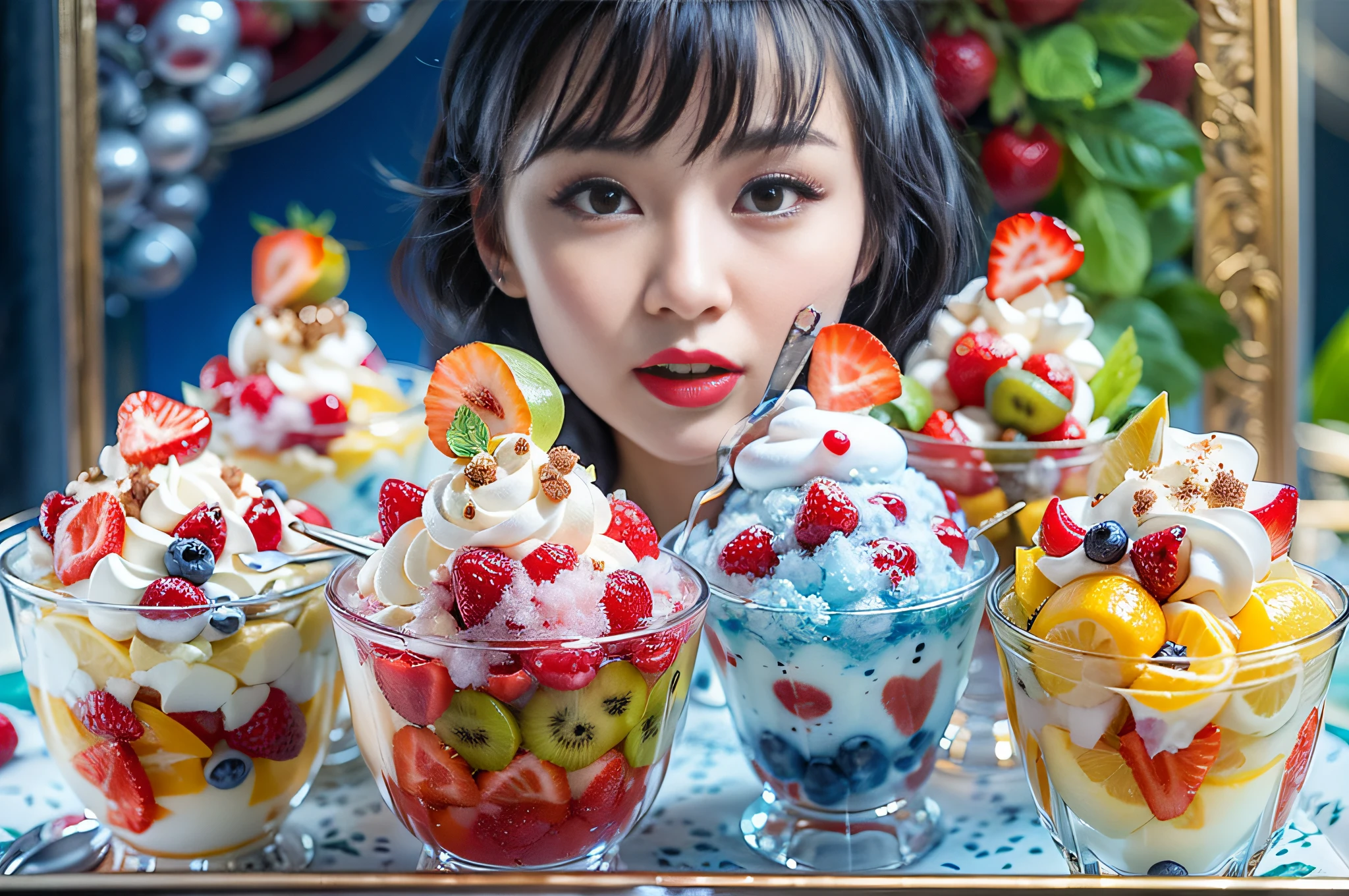 (Masterpiece), (intriciate detail), (Photorealistic:1.3), 1 cute Japanese model, Elegant magazine advertising model, Posing with mixed fruit Parfait, A mixture of fruits and ice cream with shaved ice, in Angled crystal glasses, Topped with strawberries and cream, universe, Marine Blue Theme, dramatic lighting, Spoon, pieces of ice, fruits,